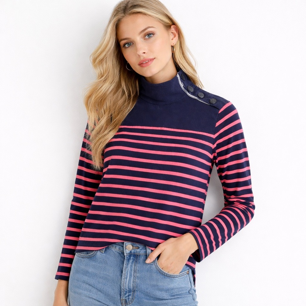 J.Crew Nautical Stripe Funnel Neck Pink Navy Sweater XS Preppy Spring Layer